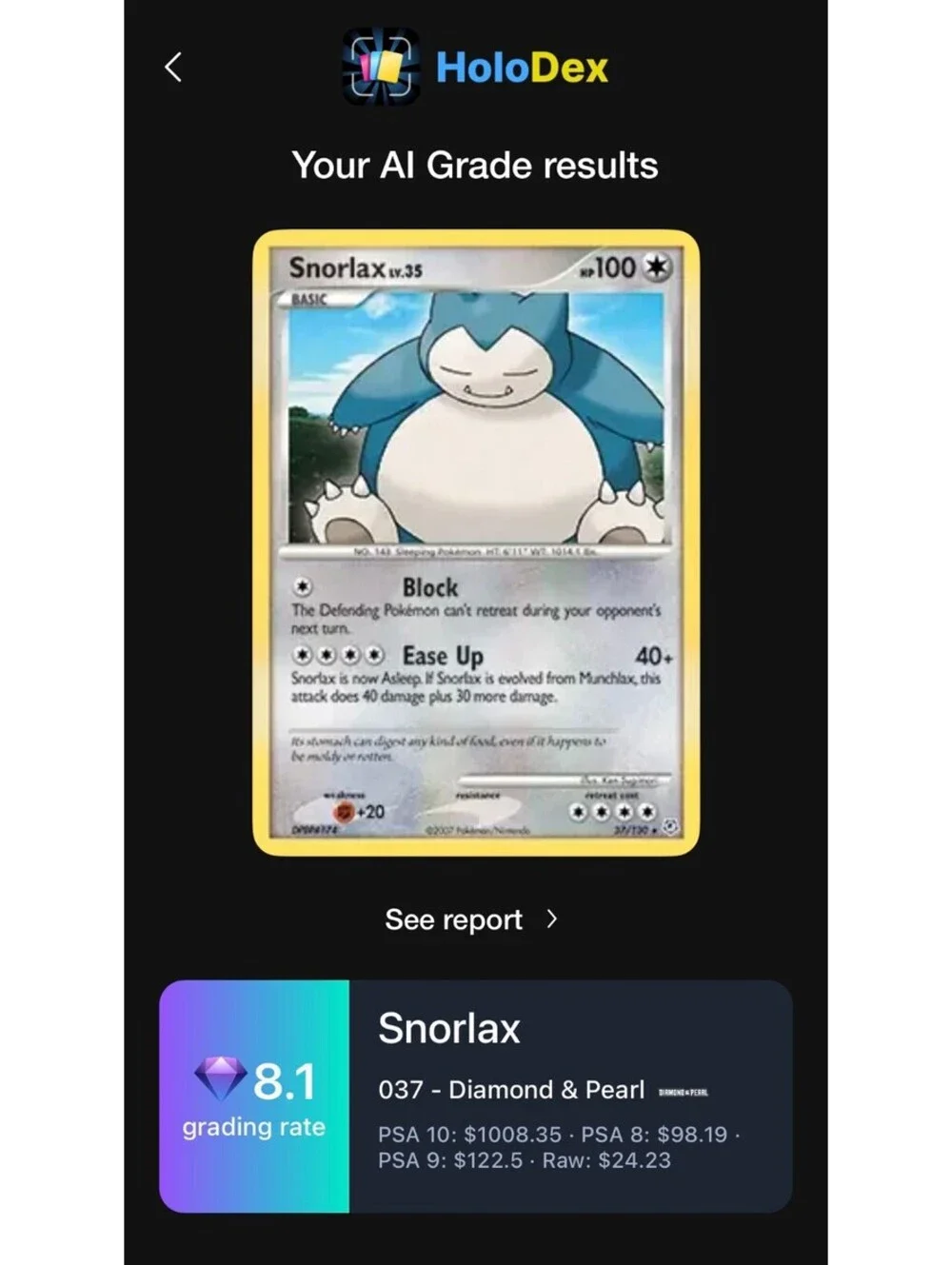 2007 Pokemon Snorlax 37/130 Diamond & Pearl Rare HoloDex 8.1